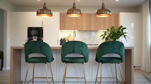 Modern kitchen featuring three emerald-green bar stools around a light wood island beneath warm pendant lighting