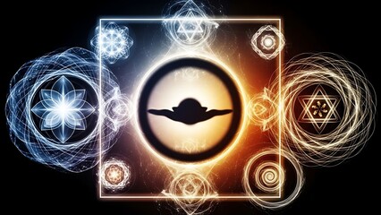 Mystical Symbol with Glowing Circles and Geometric Shapes in Dark Background