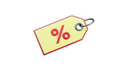 3D Percentage Symbol on a Yellow Price Tag on transparent background