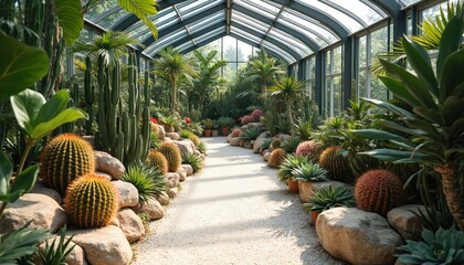 Fototapeta premium Indoor greenhouse walkway lined with diverse desert plants like cacti, succulents. Rich green foliage fills conservatory under glass roof. Sunlight streams through, illuminating arid botanical