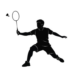 A dynamic silhouette of a man playing badminton with a dragon-themed shuttlecock in a cute cartoon style against a clean white background.