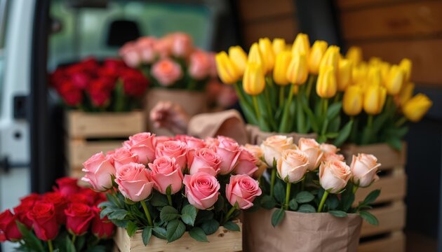 Florist prepares vibrant bouquets of red pink yellow roses tulips inside van. Colorful blossoms arranged for local delivery service, event, or special occasion. - Powered by Adobe