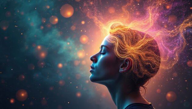 Woman with glowing mind energy in dark space. Abstract lights and particles surround her head. Psychic or spiritual concept with cosmic aura and vibrant nebulae.