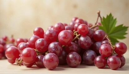 Fototapeta premium Fresh Red Grapes with Green Leaf on Wooden Surface 