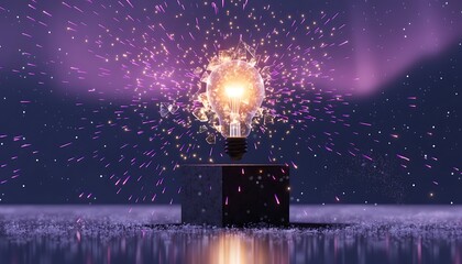 Glowing incandescent lightbulb exploding with vibrant purple sparks on reflective icy surface at night