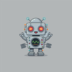 Naklejka premium Cute Cartoon Robot with Antennae and Waving Hands.