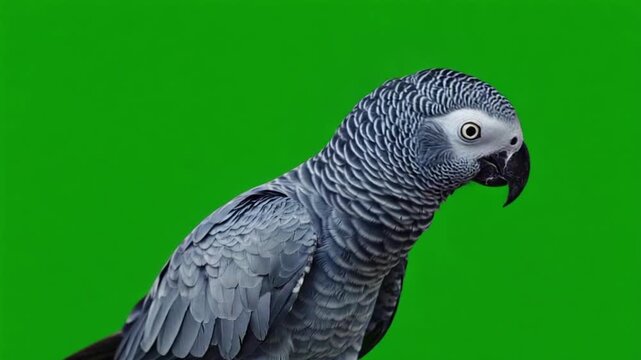 Close-up of a gray parrot with green background looking around