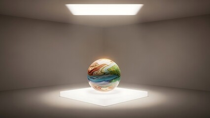 Colorful Marble Sphere on Illuminated Display in Minimalist Gallery Setting