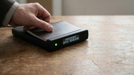 travel visa verification concept. Hand placing a passport on a data processing device on a wooden table.