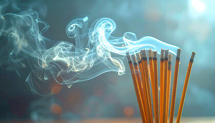 Close-up of burning incense sticks with swirling blue smoke. Peaceful spiritual background with soft bokeh, ideal for meditation, zen, and religious themes.