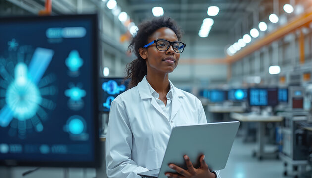 African american woman engineer wears lab coat glasses holding laptop in aerospace factory. She works on satellite project with digital screens showing tech data, plans for space exploration. - Powered by Adobe