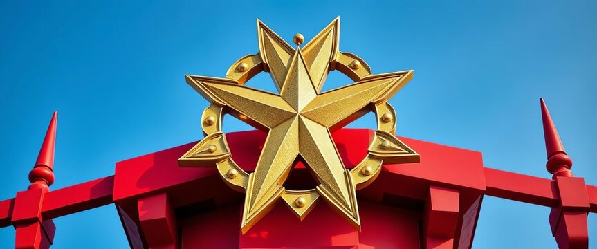 Gilded five-pointed star atop a red tower, symbolizing authority and power,  landmark,  power