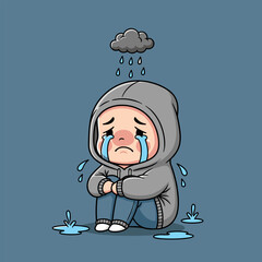 Cartoon Depiction of a Sad Child Under a Rain Cloud.