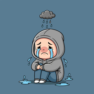 Cartoon Depiction of a Sad Child Under a Rain Cloud.