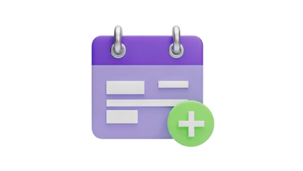 3D Calendar Icon with Plus Symbol on transparent background