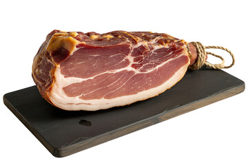 Whole cured ham on a dark slate board traditional gourmet deli meat isolated on white background
