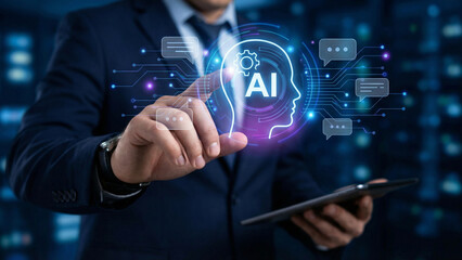 AI chatbot artificial intellect, Machine learning brain network, Future smart technology concept, Businessman touches digital AI