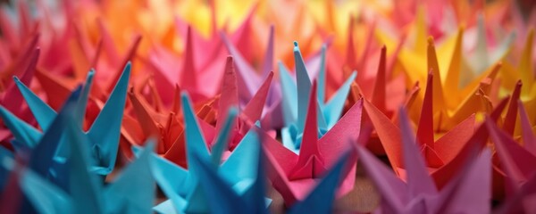 Colorful paper cranes form a vibrant background. Hand folded origami birds in bright blue pink orange and yellow hues. Craftsmanship and art displayed in many small folded figures.