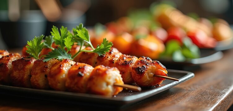Grilled skewers of marinated meat chicken served with fresh parsley garnish on dark plates. Food presentation, close-up, delicious cuisine, restaurant meal, healthy eating, diverse dishes, tasty