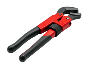 Red and black adjustable pipe wrench on black background