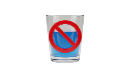 3D Glass of blue liquid with a prohibition sign on transparent background