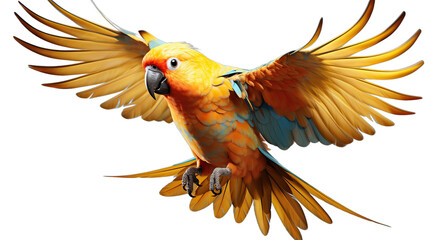 A vibrantly colored macaw parrot with wings spread wide in flight against a transparent background.