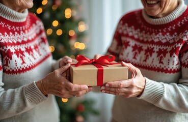 Elderly couple exchanges gift box with red ribbon indoors. Woman and man in festive sweaters smile near Christmas tree. Winter holidays celebration, sharing joy and love.