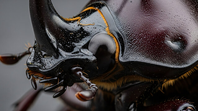 Close-up of a shiny black beetle with golden hairs