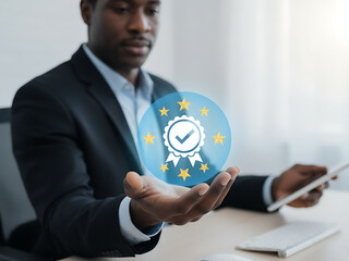 Product certification concept with a businessman holding certified mark to qualified quality standard requirement and passed audit according to industrial standards, ISO Certification & Quality Manage