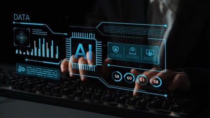 Modern data analysis with artificial intelligence technology showcased through a digital interface and keyboard interaction in a corporate setting Gluon.