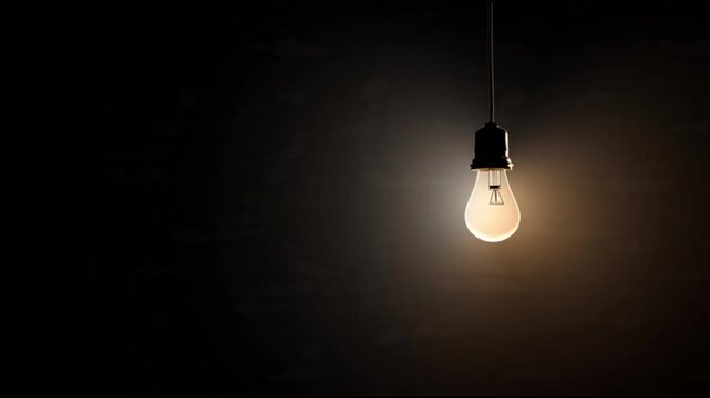 A lone light bulb hangs suspended in darkness, illuminating a small radius around it.