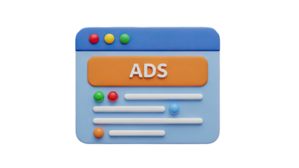 3D Icon of a Website with ADS label on transparent background