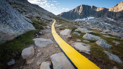 A bright yellow marked trail winds up a rocky mountain slope under a clear blue sky on a sunny day