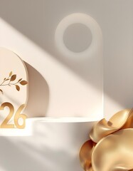 Minimal cinematic 2026 background featuring abstract sculptural stone forms muted gold accents balanced composition and refined modern luxury mood celebration