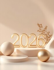 Calm modern 2026 celebration background with abstract stone forms metallic accents natural contrast and refined cinematic minimalist presentation style