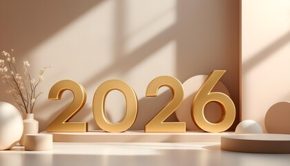 Elegant minimalist 2026 milestone background featuring sculpted numeric forms warm metallic accents calm atmosphere and refined contemporary celebration design