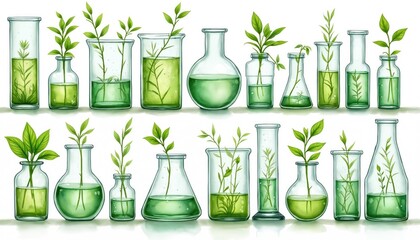 Various green plant sprouts grow in scientific laboratory flasks and beakers filled with clear liquid. Botanical research specimens sit on white surface for genetics study or biotech development.