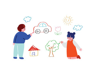 クレヨンでお絵描きする子供のイラスト