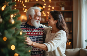 Young woman, old grandfather with white beard laugh near decorated Christmas tree. Family prepares for winter holiday celebration indoors, festive lights glow in background. Happy relatives share joy