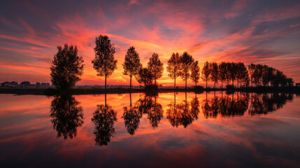 Obraz premium Serene dutch landscape during vibrant sunset with silhouettes of tall trees reflected on calm water surface