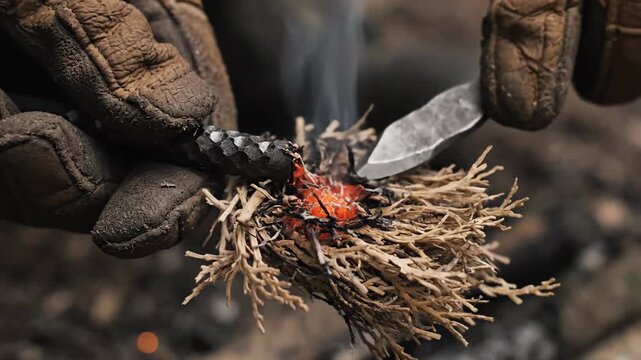 Person Striking Flint to Create Spark.