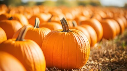 Bright Orange Pumpkins in Rows Displayed in a Field
