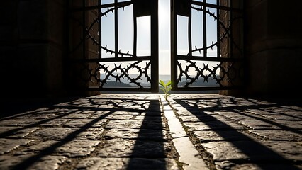 Sunlit Iron Gate with Small Plant Growing Through Cracked Cobblestone Floor