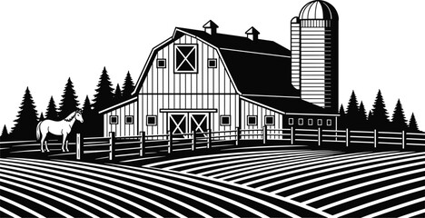 Black and white silhouette of traditional farm barn with silo horse in pasture and plowed fields flat vector illustration on white background © Sahidul