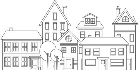 Naklejka premium Black and white line art of European townhouses city street streetscape with various building facades flat vector illustration isolated on white background