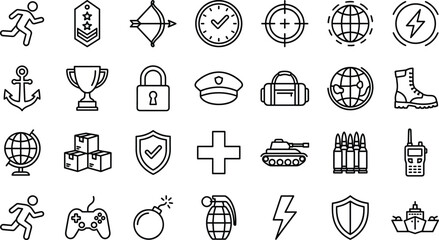 Military and security line icon set featuring army equipment protection medals strategy global defense symbols communication survival readiness operations technology © MstRokeya