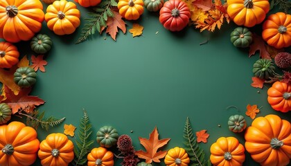 Fototapeta premium Autumn harvest composition features pumpkins and colorful fall leaves arranged on a green background. A blank space is left for custom text overlay and seasonal design.