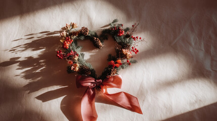 Wreath with Red Berry Accents and Pink Ribbon