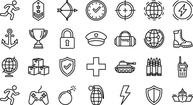 Military and security line icon set featuring army equipment protection medals strategy global defense symbols communication survival readiness operations technology