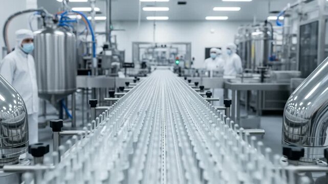 Cleanroom Production Line Conveyor Automation With Scientists In Protective Gear Working In Pharmaceutical Laboratory